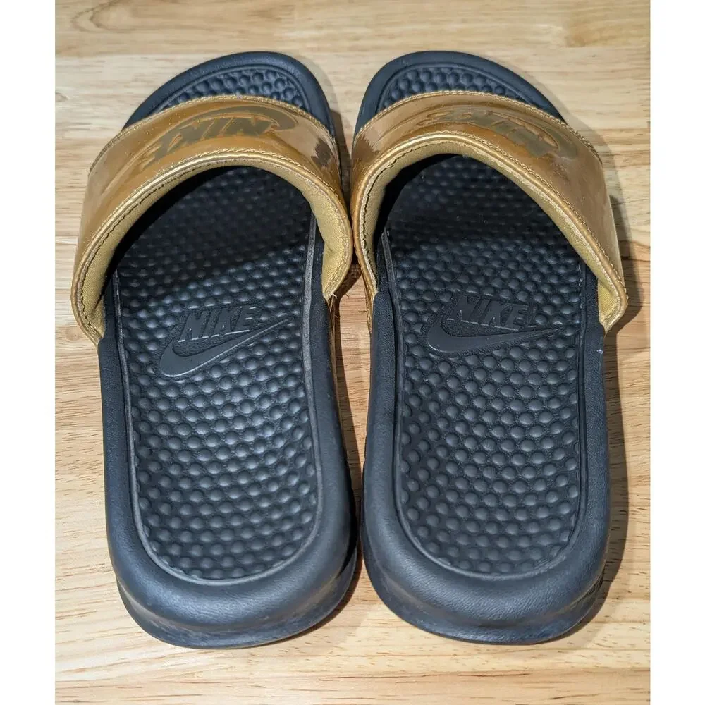 Nike Benassi JDI Slide Sandals Womens 8 Gold Glitter Logo Comfort Slip On
